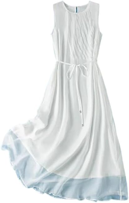 Women Silk Dresses Solid Color Sleeveless Long Dress