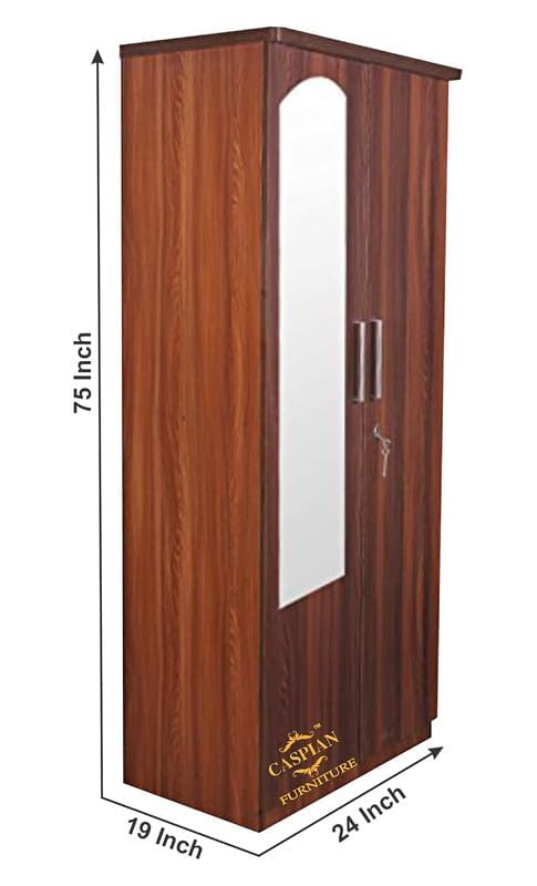 Image of CASPIAN Engineered Wood 2 Door Wardrobe (Brown) | Pre Assembled Furniture with Mirror | Streak Textured Cupboard /Almirah for Bedroom Clothes Storage Organizer with 5 Shelves & 2 Drawers