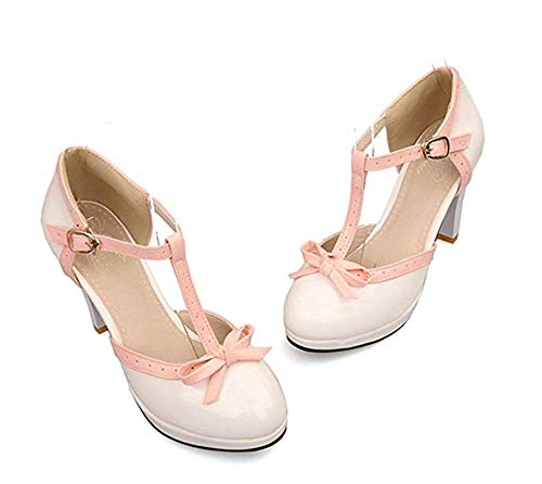 JITUUE Women's Chic Sweet Round Toe T-Strap Bows Adorable Buckle Lolita Cone Mary Janes Dress High Heel Pumps Shoes4