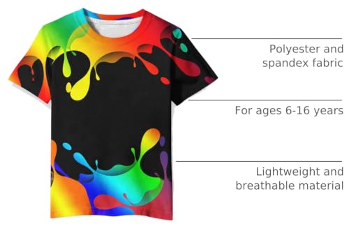 Image of Linnhoy Kids 3D Print Fashion Graphic T-Shirts for Boys Girls 6-16 Years | Unisex Colorful Short Sleeve, Crewneck, Breathable Fabric, Suitable for Daily Sport Festival Wear