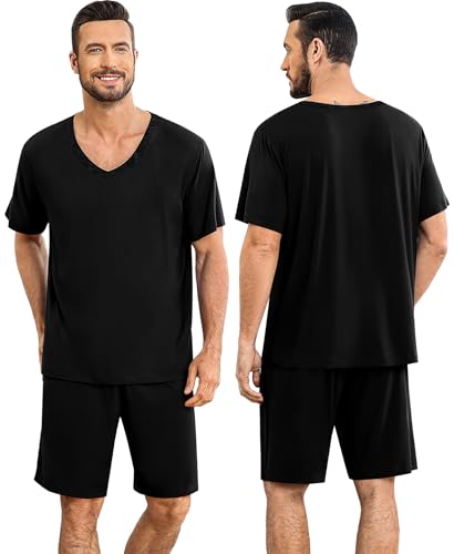 SWOMOG Mens Pajama Sets 2PCS Short Sleeve Pjs Sets V Neck Sleepwear Soft Loungewear Classic Nightshirt Sets with Pockets Nightwear Carbon Black3
