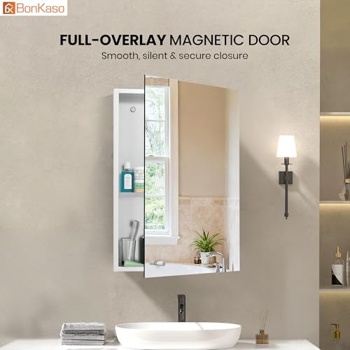 Image of BonKaso Premium Bathroom Cabinet with Mirror | 304 Stainless Steel Wall-Mounted Mirror Cabinet for Wash Basin & Bathroom Storage (12x18 Inch, Chrome Finish)
