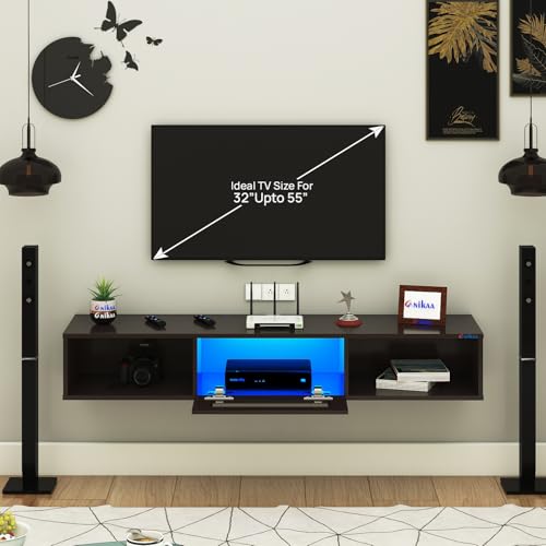 Image of Anikaa Novus Wall Mount Modern Floating TV Unit for Living Room with Open Shelf Storage Cabinet & Middle Cabinet Blue LED Light (Ideal for 32 to 55 inch TV, DIY Installation, Wenge Finish)