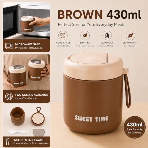 Image of Portable Food Container 430ml with Spoon | Silicone Sealed Lid & Pressure Release Vent | Compact Lunch Pot with Carry Loop for Snacks Meals Office School & Travel - Coffee