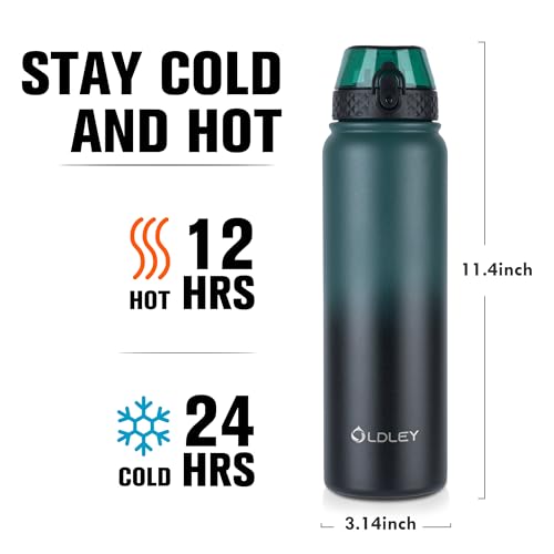 OLDLEY Stainless Steel Water Bottle with Straw 1L Vaccum Insulated Large Drink Flask Metal Water Bottles 1 Litre Leakproof Keep Drinks Hot Cold for Sports Gym with Different Lids(Green Black, 3 Lids)