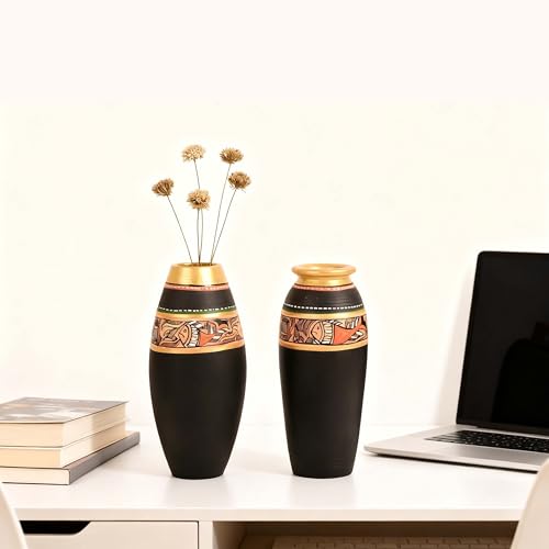 Image of Aakriti Art Creations Vase Earthen Black Madhubani Set of 2 | Hand-Painted Terracotta Flower Vases | Matte Finish Decorative Vases for Living Room, Table Decor & Gifting