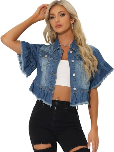 Allegra K Denim Jacket for Women's Button Down Ruffled Short