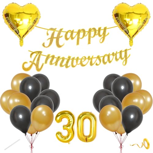 Image of Flyloons 30th Happy Anniversary Decoration Items Gold Black for Men Women Husband Wife Mom Dad Couple Home Bedroom Car With 20 Pcs Metallic Balloons Anniversary Banner 2 Pcs Heart Set Kit Golden