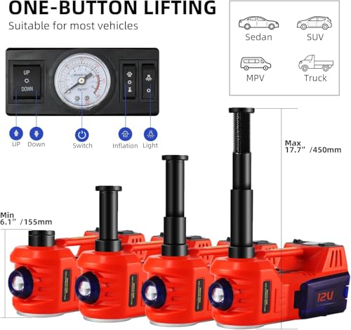Image of Electric Car Jack Kit 5 Ton 12V Floor Jack with Impact Wrench and Tire Inflator Pump Portable Hydraulic Car Jack for SUV Sedans Tire Change with LED Light, Lifting Height 6 to 17.7 Inch