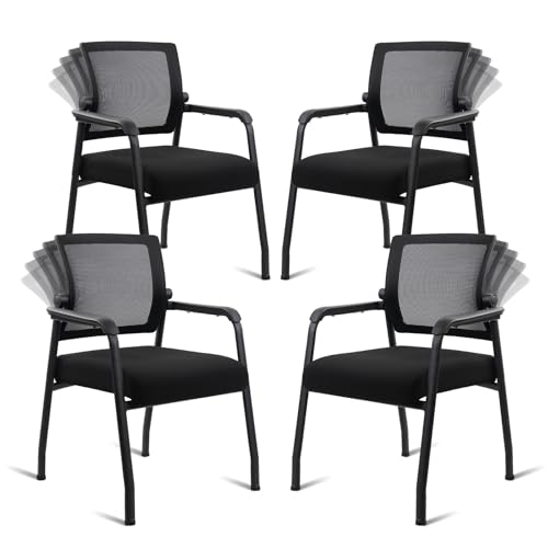 Image of KLASIKA Desk Chair No Wheels with Adjustable Mesh Backrest, Arm Chair with Ergonomic Lumbar Support and Thickened Seats Cushion, Waiting Room Chairs for Office School Church Guest Reception, 4PACK