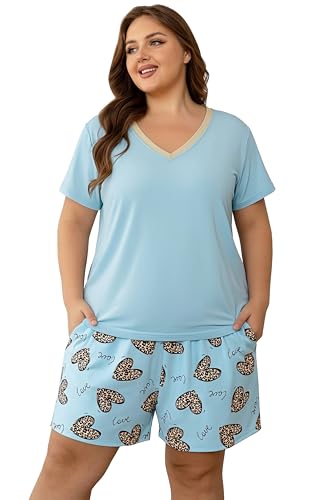 Image of Vozanet Women's Short Sleeve Top and Shorts Pajama Sets Plus Size V Neck Colorful Flower Nighty Loungewear With TWO Pockets