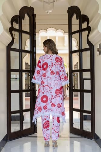 Image of LookMark Women Printed Cotton Blend Straight Kurta Pant Set with Lace - Comfortable Ethnic Wear for Women, Elegant Design, Suitable for Various Occasions