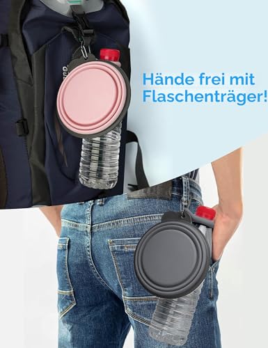 Heouvo Faltbare Hundenäpfe mit Flaschenträger, 2er-Pack Reise Hundenapf mit Karabiner, einteilig geformt ohne Herunterfallen oder Risse, faltbares Silikon, mobil für Haustiere Gassi gehen Wandern