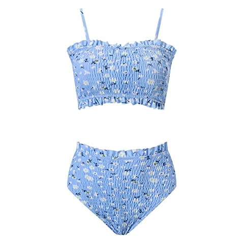 VOLAFA Women's High Waisted Swimsuit Bandeau Ruffled Smocked Ruched Two Piece Bikini Set (X-Large, Blue) Cover