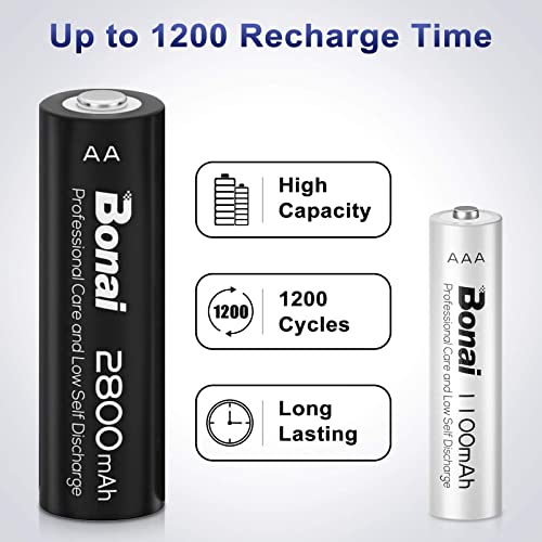 Bonai Aaa Rechargeable Batteries 1100Mah Triple-A Ni-Mh 1.2V Low Self Discharge Battery (24 Pack) With Rechargeable Aa Batteries 2800Mah Double A Ni-Mh High Capacity (16 Pack) #TOP2