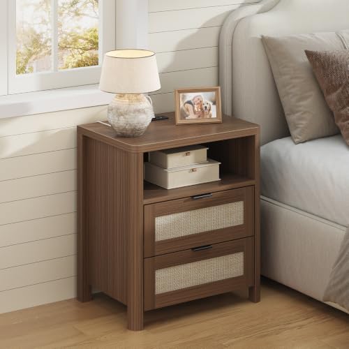 Image of Boho Nightstand Set of 2 with Charging Station, Bedside Table with Drawer & Open Storage Shelf, Mid-Century Modern End Table Rattan, Accent Side Table with Rounded Corners for Bedroom Living Room