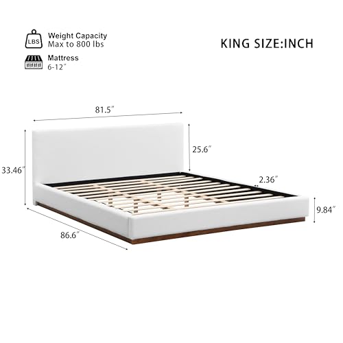 Image of Merax King Size Boucle Upholstered Bed Frame with Thick Headboard, Minimalism White Upholstery Platform Bed for Bedroom, Apartment, Solid Wooden Slats Support, No Box Spring Needed, Low Profile Design