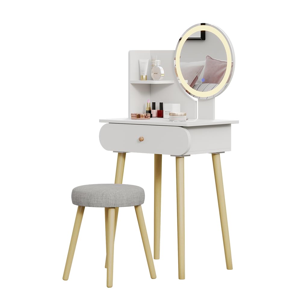 Vicco Tavolino da toilette Edda, Bianco, 60 cm con specchio LED e sgabello, con specchio LED rotondo e sgabello coordinato