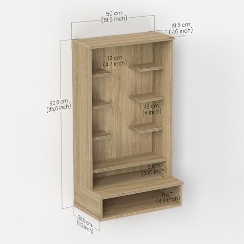 Image of BLUEWUD Shubh Mini Wall Mount Wooden Mandir for Home, Temple for Home, Pooja Stand with Storage Shelves for Idold & Frames, Compact Mandir Temple Unit for Shops & Office (DIY - European Oak)