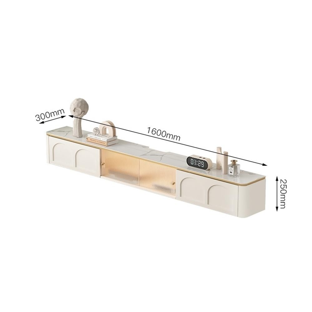 Consola de televisión Moderno centro de entretenimiento flotante con puerta corrediza vidrio y cajones, mueble almacenamiento for TV montado en la pared luz LED for debajo los televisores(160cm)