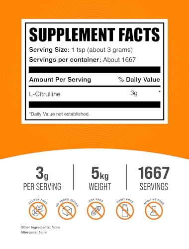 Image of BulkSupplements.com L-Citrulline Powder - Citrulline Supplement, Nitric Oxide Supplement - Unflavored & Gluten Free - 3g per Servings, 1kg (Pack of 5) (11 lbs)