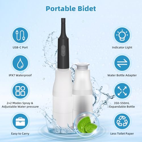 Image of Hibbent Portable Bidet for Travel, High Pressure Electric Handheld Bidet Sprayer, 350-550ML Expandable Bottle for Personal Hygiene, USB-C Rechargeable Waterproof, Travel Sprayer for Women & Men, Black