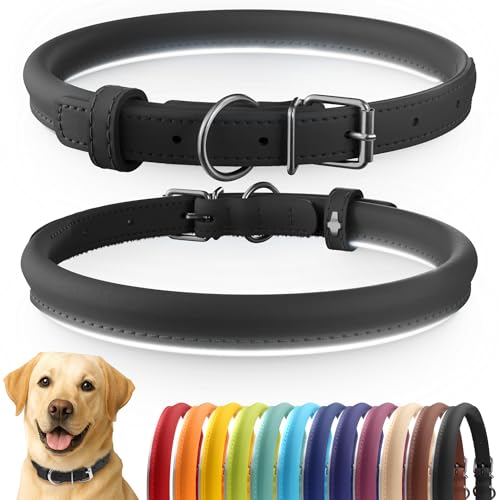 Tangle-Free Reflective Leather Dog Collar, 16-20 in, Black