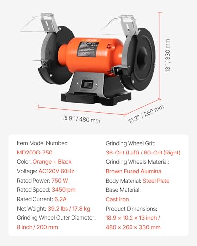 Image of VEVOR Bench Grinder, 8-inch Single Speed, 3450RPM High-Speed Table Grinders with 750W 6.2A 1.0Hp Induction Motor, 36 /60-Grit Grinding Wheel & Adjustable Eye Shield for Fast Sharpening Grinding
