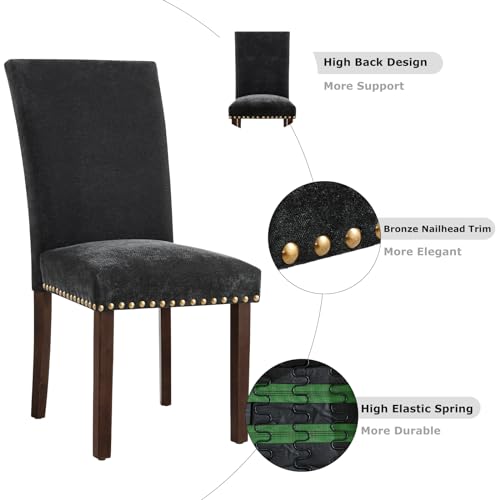 Image of COLAMY Upholstered Parsons Dining Chairs Set of 2, Fabric Dining Room Kitchen Side Chair with Nailhead Trim and Wood Legs - F-Black