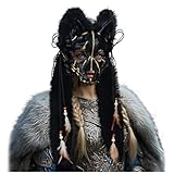 L'VOW Adult Fox Mask Faux Fur Headdress with Feather Viking Wolf Mask Werewolf Costume for Halloween Carnival(Black)