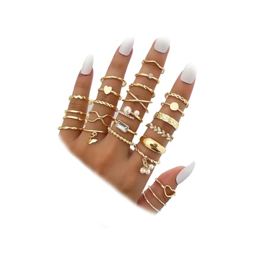 IFKM 51 Pcs Gold Knuckle Rings Set For Women Girls Vintage Stackable Joint Finger Midi Rings Dainty Cubic Zirconia Crystal Simple Twist Hollow Cute Rings Pack Jewelry Gift