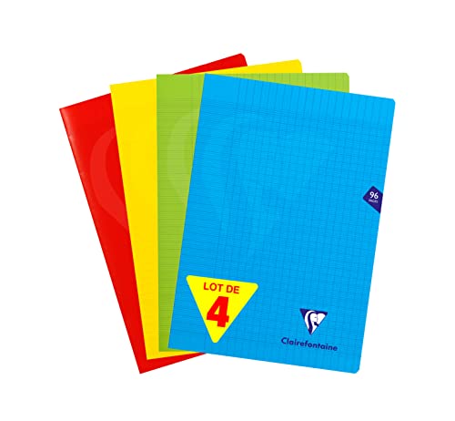 Clairefontaine 294161AMZC Lot de 4 Cahiers Agrafés Mimesys - A4 21x29,7 cm - 96 Pages Grands Carreaux - Papier Blanc 90 g - Couverture Polypro (Bleu, Rouge, Jaune et...