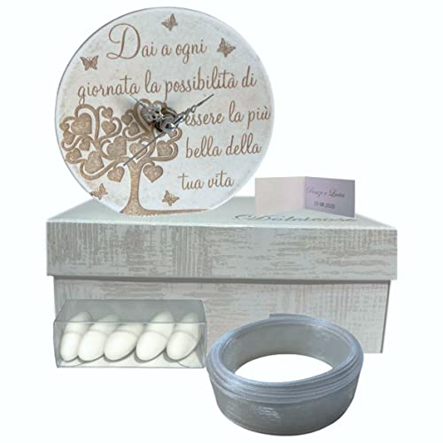 Regalami.shop bomboniera orologio diam 12 in pietra con scatola, confetti, nastro e bigliettino ideale per tutte le cerimonie (small)