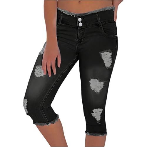 Jean Capris for Women Stretchy Distressed Low Rise Jeans Butt Lifting Raw Hem Ripped Denim Capri Pants with Pockets