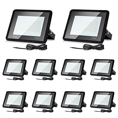 Izrielar Projecteur LED 50W extérieur, 4250LM lumière blanche froide 6000K, super lumineux, étanche IP66, lumière extérieure idéale pour l'extérieur, jardin, garage, lot de 10 [Classe énergétique A++]