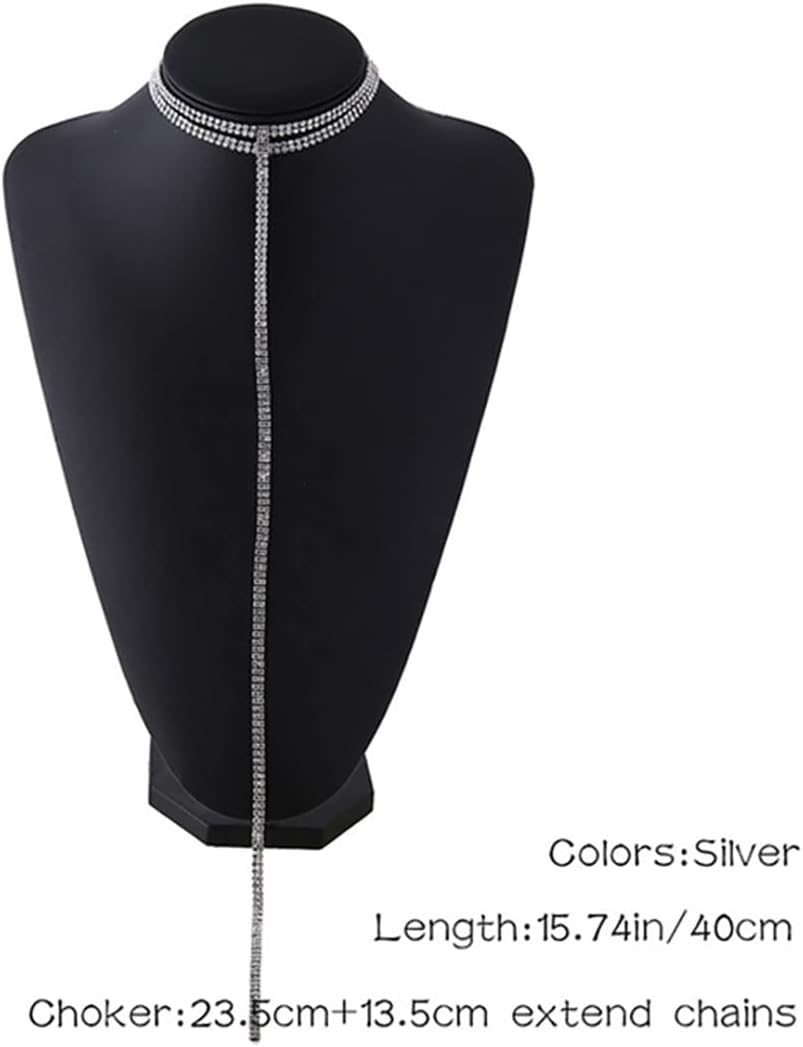 Prosy Vintage Long Crystal Choker Necklaces Silver Pendant Necklace Chain Jewelry Adjustable for Women and Girls - Image 3