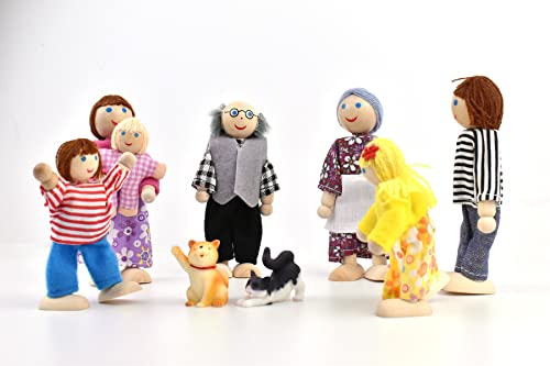 Puppenhaus aus Holz, 7 Figuren und 2 Haustiere, Familienpuppen, kleine Figuren, Spielzeug für Kinder, Mädchen, Kinder… – Bild 6