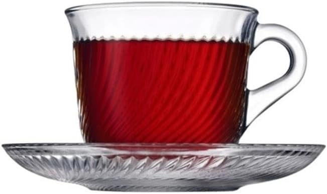 Pasabahce Glass Tea Cups and Saucers Set, 12 PCs Glass Mugs with Saucers for Coffee, Herbal Tea, Hot Beverages, 5.7 oz Capacity