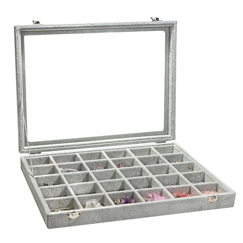 Stratalife Jewelry Organizer Jewelry Holder Storage Earring Organizer Box Tray with Lid Velvet Earring Display for Drawer 30 Grid Grey