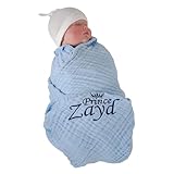 Bella's Giftshop 100% Cotton Personalized Baby Muslin Receiving Blankets for Boys Newborn, Custom Baby Swaddle Wrap with Name, Customized Baby Shower Birthday Gift, 40 * 40 Inch-Blue