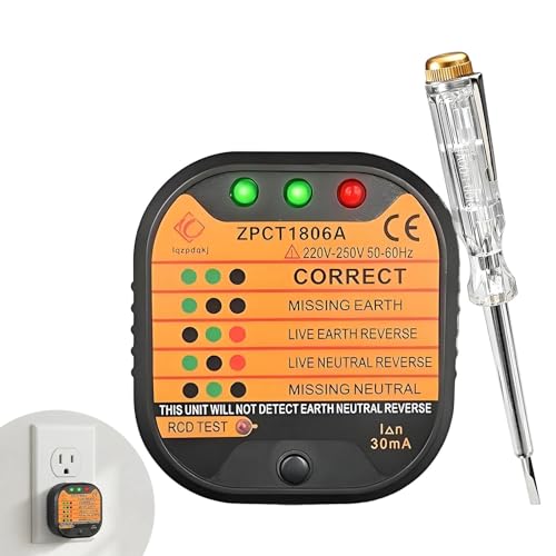 UK Socket Tester RCD GFCI 220-250V LCD Display Plug Socket Tester Circuit Polarity Checker With LCD Display For Mains Power Plug Wiring Safety Detection.Extra Equipped With A Test Pen.