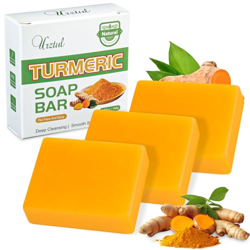 URZTUL 3 PCS Turmeric Soap Bar, Organic Tumeric Bar Soap for Face & Body Cleansing, Handmade Bath Soap Body Smooth Skin Moisturizing Soothing, For All Skin Types, Men and Women