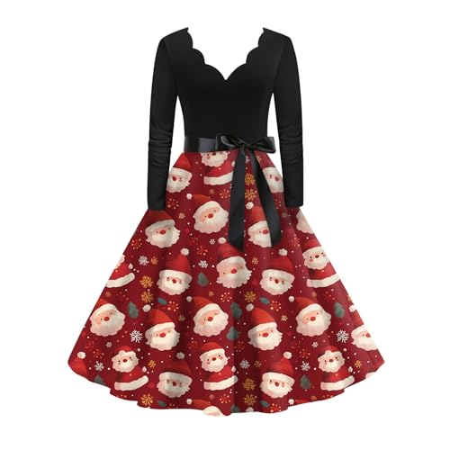 Weihnachtskleid Damen Weihnachtskleider Kleid Weihnachten Langarm V-Ausschnitt Vintage Swing Partykleid Elegant Cocktailkleid Christmas Cosplay...