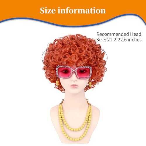 Image of Women Roper Curly Orange Red Cosplay Wig with Necklace Earrings and Sunglasses for Women Hallween Costume Wig