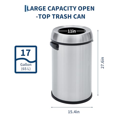 Image of Garvee 17 gal /65 L Trash Can, Fingerprint-Proof Stainless Steel Open Top Garbage Can, Heavy Duty Commercial Round Trash Bin for Restaurant, Home, Office, Silver