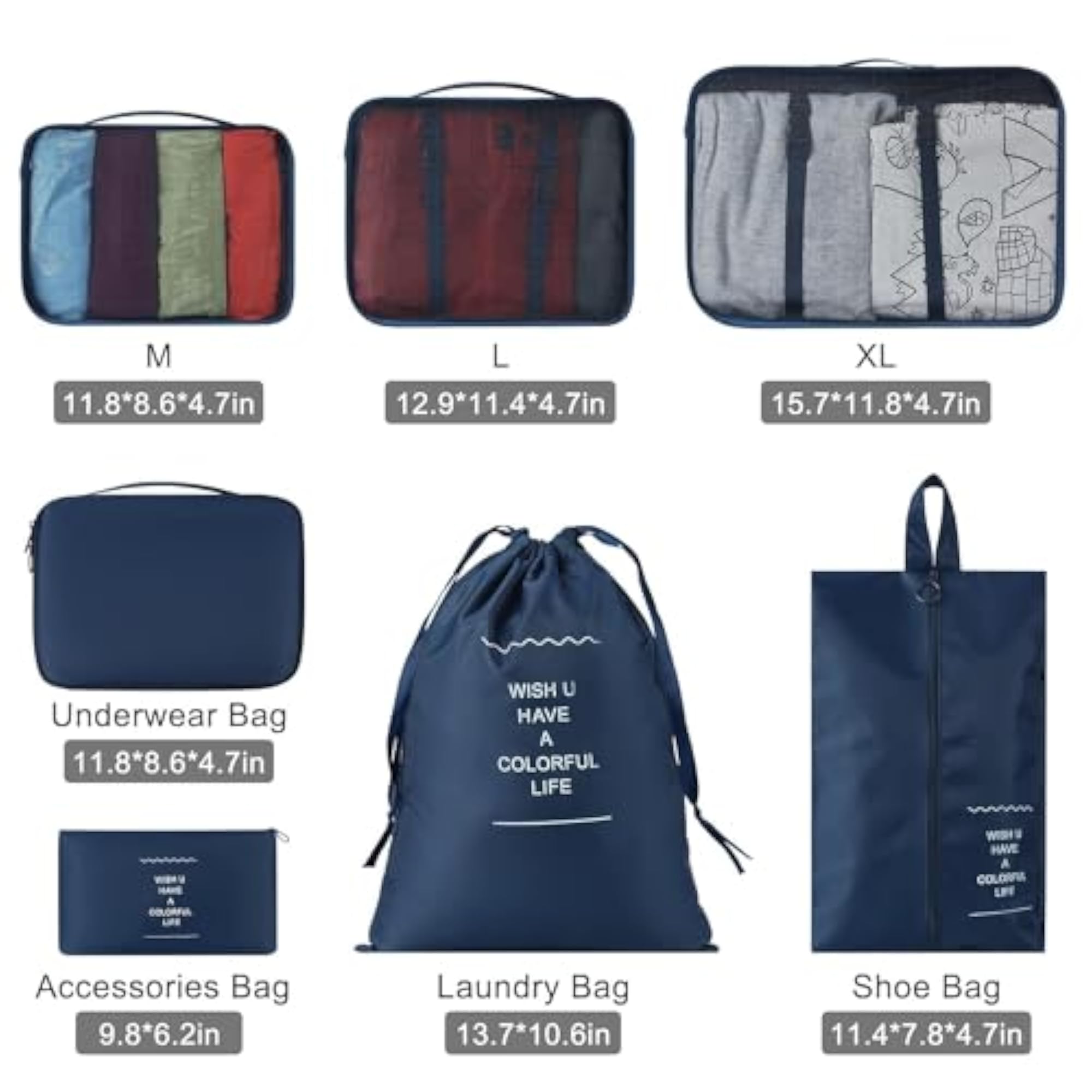 Travel Bag Dark Blue Set Organizer Packing Cubes