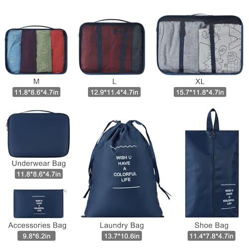 Image of Nylon 7 Pcs Travel Organizer Pouch Packing Cubes For Travel Clothes Space Savers Bags Cosmetics /Underwear /Socks /Shoes Toiletry Organiser Pouch (Dark Blue)