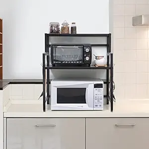 Livzing 2-Tier Microwave Oven Rack-Adjustable Microwave Stand with Hooks-Multipurpose Counter top Storage Organizer-Dish Rack for Kitchen Cabinet-OTG and Microwave RackBlack