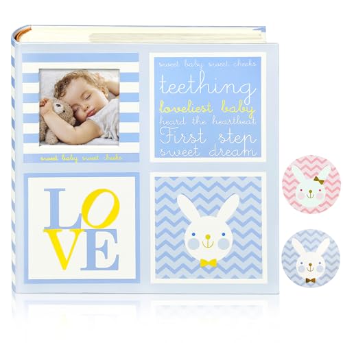 Kuword Fotoalbum Baby fotoalbum zum einstecken 10x15 200 Fotos100 seiten mit Schreibfeld,Kinderalbum für Neugeborene Geschenk Blau 22 x 22 cm