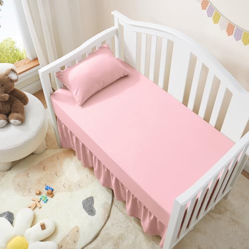 Image of Horbaunal 2 Pack Set Crib Skirt & Crib Bed Sheet, Pink Crib Bed Skirt 28 inch x 52 inch with 14 inch Drop Dust Ruffle, Soft Microfiber Toddler Bedskirt Nursery Bedding Skirt for Baby Girls and Boys